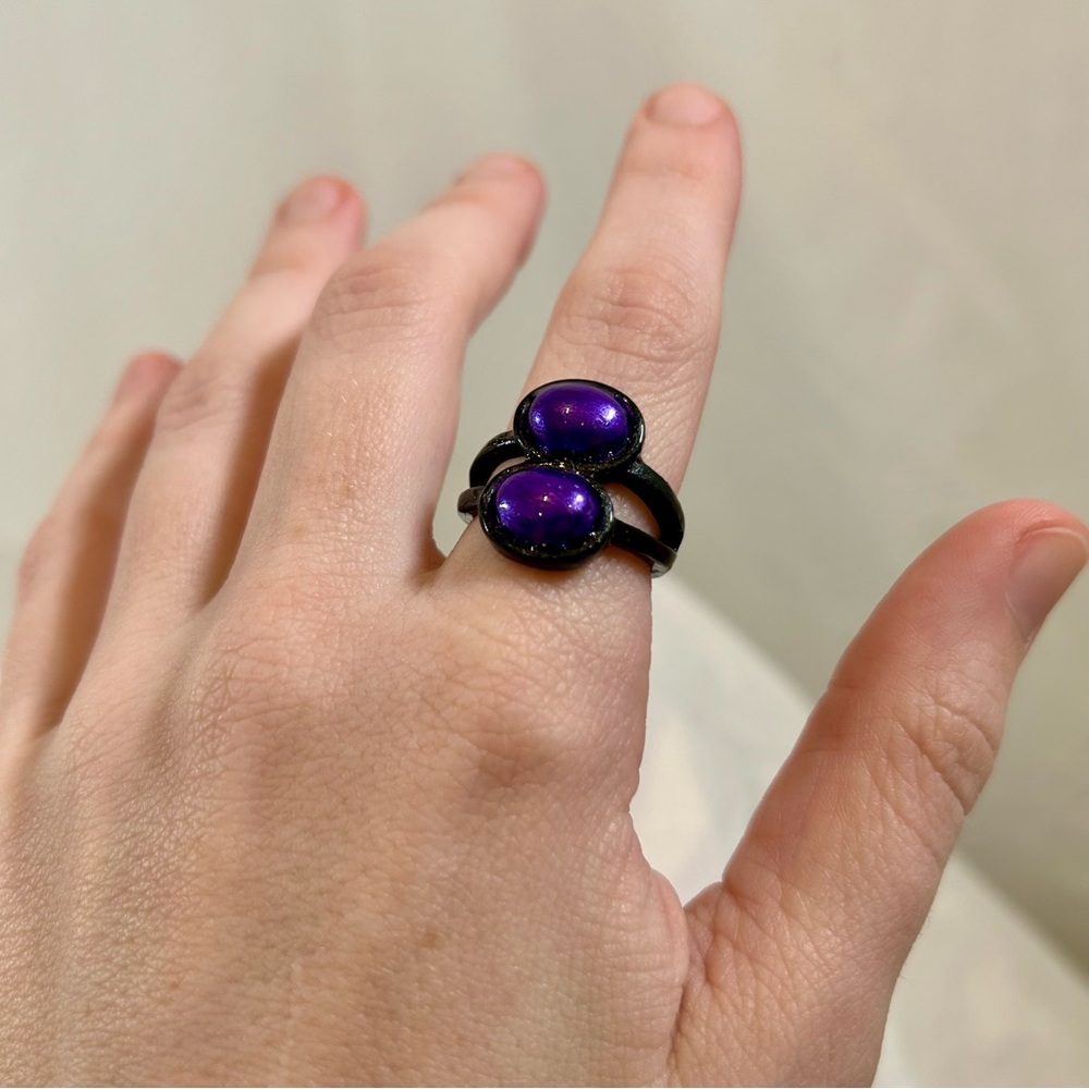 💜 LAST CHANCE Upcycled Hand Painted Sleek Goth Double Stone Ring